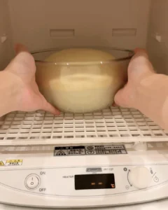 一次發酵完成的麵團從發酵箱取出